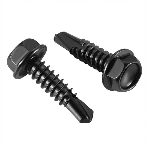 Number Twelve X Three Quarter Inch Hex Washer Head Self Drilling Screws Black Coated 410 Stainless Steel Heavy Duty Sheet Metal Fasteners Fifty Pack black screws with hex washer heads.