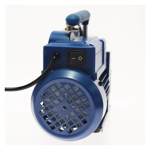 Heavy Duty 180 Watt Rotary Vane Vacuum Pump For Cranking Out Fast AC Recharges Quick Draw Rate Anti Backflow Valve And Smart Gas Ballast Setup showing rear view with power switch and exhaust grille.