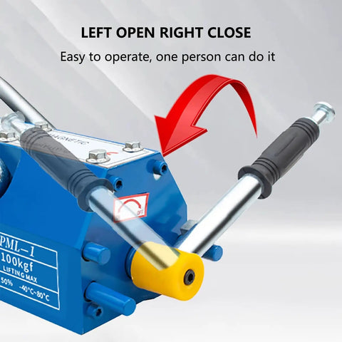 Close-up view of Heavy Duty Steel Magnetic Lifter With Effortless Release And Safe Tilt Control, showcasing operation handle and controls.
