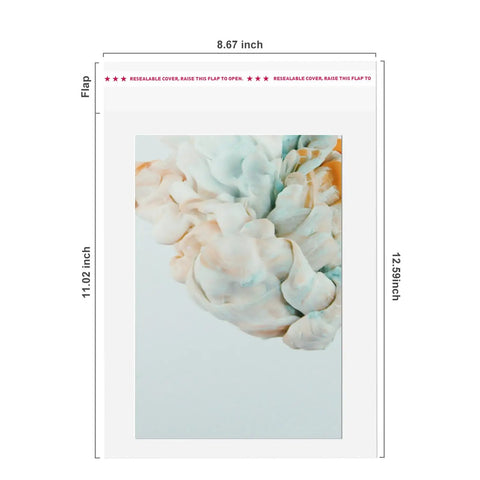 Self Sealing Cellophane Bags For 8.5x11 Photo Mats, Clear Reclosable Sleeves, 100 Pack, with art print inside, dimensions shown