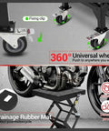 Hydraulic Motorcycle Lift Jack 350 Lbs Foot Operated Scissor Lift Table with safety lock wheels and drainage mat.
