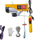 Heavy Duty 440 Lb Electric Hoist And Winch Kit With Remote Control 120V Lift System shown with accessories and remote.