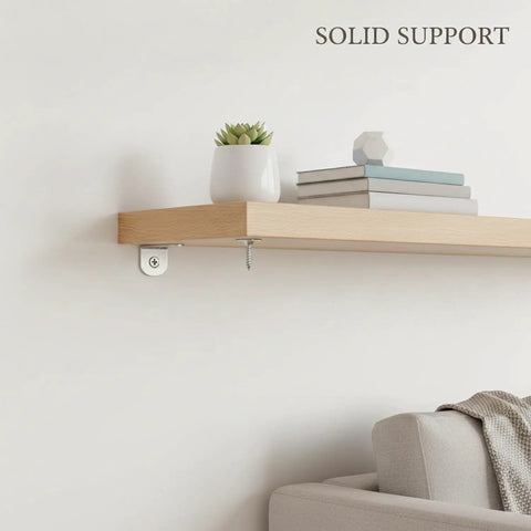 Beefy Heavy Duty 90 Degree L Bracket Stainless Steel Corner Brace displayed supporting wooden shelf with books and plant