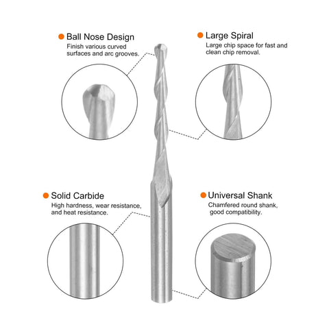 Ball nose end mill with 1/8 inch shank; 2-flute solid carbide upcut cutter