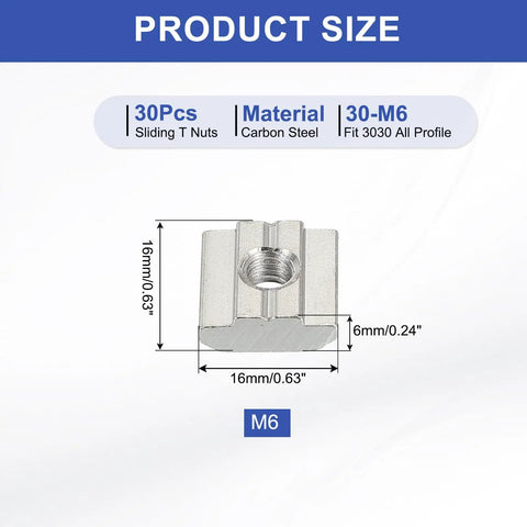 M6 Sliding T Nuts For 3030 Aluminum Extrusion 30 Pieces Hammer Head Drop In Nuts 8 mm T Slot European Standard Carbon Steel Size Chart