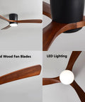 Lysdianpu Nordic Indoor Ceiling Fan Light with solid wood blades and LED lighting shown from multiple angles.