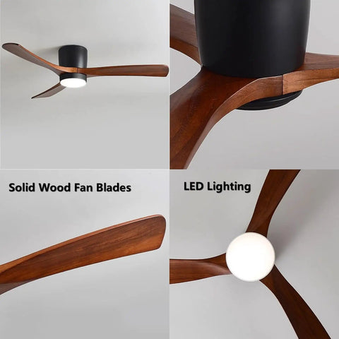 Lysdianpu Nordic Indoor Ceiling Fan Light with solid wood blades and LED lighting shown from multiple angles.