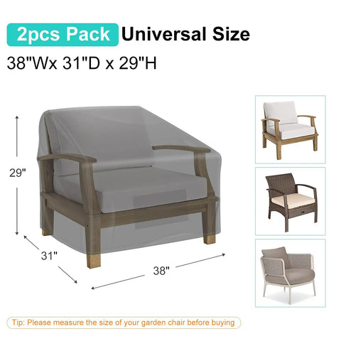 All Weather Waterproof Patio Chair Covers 2 Pack Heavy Duty 600D Oxford Cloth Outdoor Lawn Lounge Deep Seat Covers Black 38W X 31D X 29H Rugged Fade Resistant Rain Sun Dirt Protection showing universal fit on chairs.