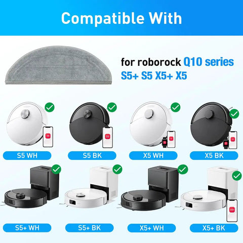 4 Pack Replacement Mop Pads For Roborock Q10 S5 S5 Plus Q10 X5 X5 Plus Robotic Vacuum Cleaner, chart of compatible models