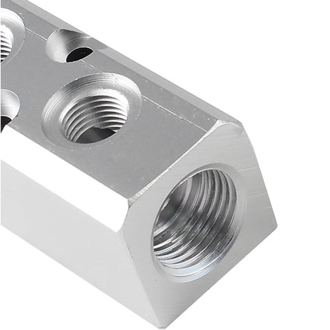 Close-up of Four Way Pneumatic Manifold Aluminum Alloy Air Distribution Block showing G1/2 inlet port.