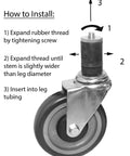 Diagram of Expanding Stem Caster With Side Brake For Commercial Kitchen Prep Tables, highlighting installation steps and 3-inch polyurethane wheel.