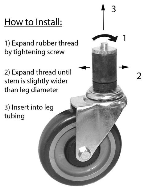 Diagram of Expanding Stem Caster With Side Brake For Commercial Kitchen Prep Tables, highlighting installation steps and 3-inch polyurethane wheel.