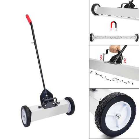 Premium 18 Inch Aluminum Pick Up Sweeper With Smooth Glide Wheels And Adjustable Handle. Efficient Debris Cart For Metal Shop Cleanup, Iron Filings Collection. Durable Nail Broom Style Sweeper For Easy Workshop Debris Removal And Quick Mess Tidy Up Tasks