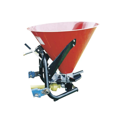 Three Point Spreader With Gearbox And PTO Driveline 500 Pound Capacity Cone Shaped Hopper Adjustable Spinner Fins Heavy Duty Tubular Steel Frame Fits Category One Hitches Great For Farm Lawn And Garden Use