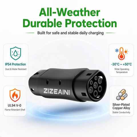 Road Ready GB To Type 2 EV Charging Plug showing durable construction with IP54 waterproof rating and flame-retardant shell.