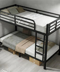 Straight Up Heavy Duty Twin XL Over Twin XL Metal Bunk Bed Built Tough With Secure Guardrails And Industrial Grade Steel For Adults Teens Or Kids Zero Creaking Black Frame Needs No Box Spring, showing both levels with bedding.