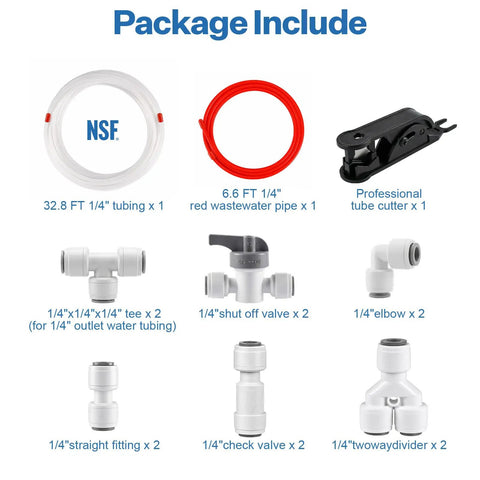 Fridge Water Line Kit 32.8 ft One Quarter Inch OD NSF Certified LLDPE Tubing with fittings, red pipe, and cutter