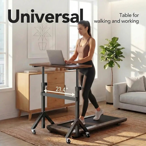 Height Adjustable Rolling Standing Desk On Wheels 28 To 46 Inches 31.5 By 15.75 Inches Sit Stand Computer Workstation For Home Office Portable Desk For Walking Pad And Treadmill Walnut Finish with person using a treadmill