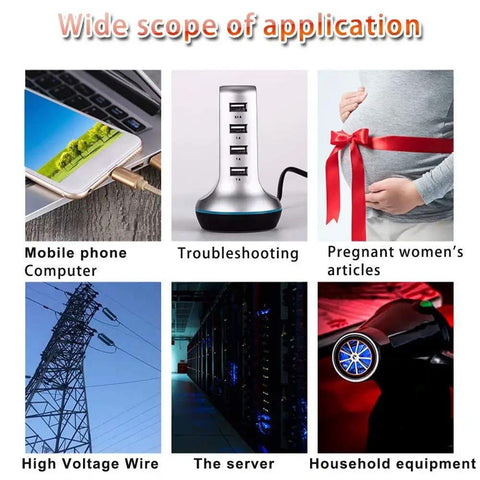Image showing varied applications including mobile phone, high voltage wire, server, showcasing EMF Meter For Ghost Hunting Handheld Radiation Detector For EF RF MF Readings Home And Office EMF Inspection Compact Black Detector That Pinpoints High Emission Appliances And Electronics For Safer Living's wide scope of application.