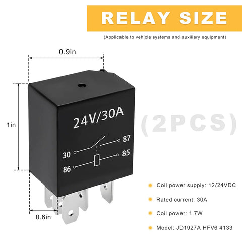 Premium 5 Pin 30A 24V Starter Relay Set showing black relay with metal prongs and labeling for vehicle electrical systems.