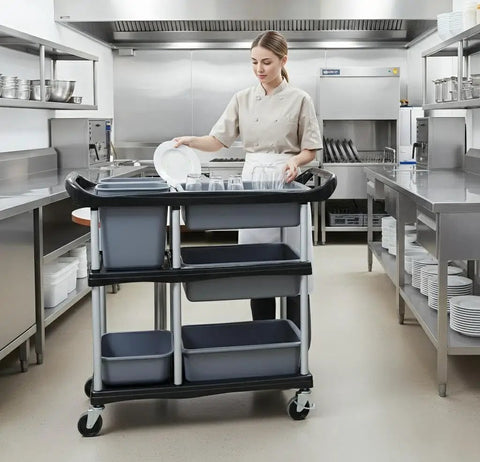 3 Tier Heavy Duty Utility Cart On Wheels With Removable Bins in a commercial kitchen setting