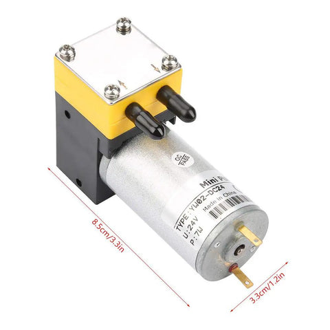24V Slick Miniature Diaphragm Vacuum Pump With 0.4 To 1 L Per Min Flow For Air And Liquid, shown with yellow and silver housing