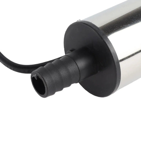 Close-up of the outlet fitting on the Jiawu 24V DC Submersible Pump For Fuel Transfer 30 Liters Per Minute Stainless Steel Build.
