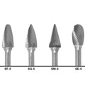 Eight Piece Carbide Burr Set With Half Inch Diameters And Quarter Inch Hardened Steel Shanks In A Tough Plastic Case Standard Cut Bits
