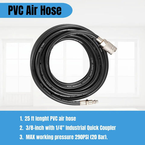 One Quarter Inch Quick Connect Air Accessory Kit With 25 Feet PVC Hose Blow Gun With Inflation Nozzles Tire Gauge Air Chuck And Fittings For Fast Home Garage Air Tool Setup 25 ft PVC air hose with quick coupler displayed in windowed room