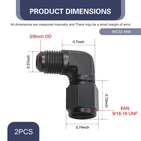 Side view of WZP 6AN to 3/8 barb 90° hose fitting, aluminum, black, 2-pack