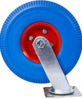 10 Inch Heavy Duty Caster Wheels Set of 4 With 350 Lb Capacity Each, blue PU rubber wheel with red hub and fixed plate
