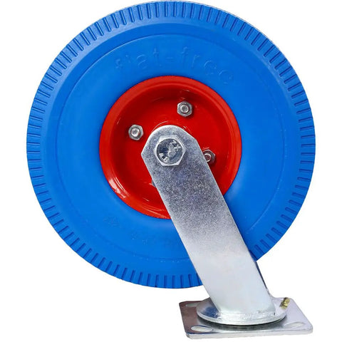 10 Inch Heavy Duty Caster Wheels Set of 4 With 350 Lb Capacity Each, blue PU rubber wheel with red hub and fixed plate