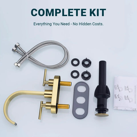 Complete kit for Matte Black 4 Inch Centerset Bathroom Faucet For 3 Hole Sinks, High Flow Waterfall Spout, 360 Degree Swivel, Pop Up Drain Included, 304 Stainless Steel, Commercial Grade Built To Last, cUPC Certified Supply Lines
