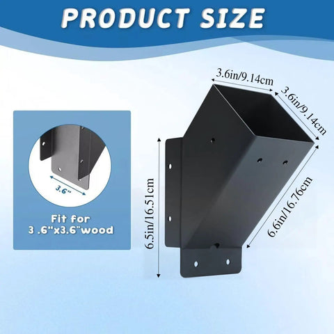 Heavy Duty 45 Degree Pergola Brackets 8 Piece Set dimensions shown, fit for 3.6"x3.6" wood, black powder-coated steel, side view.