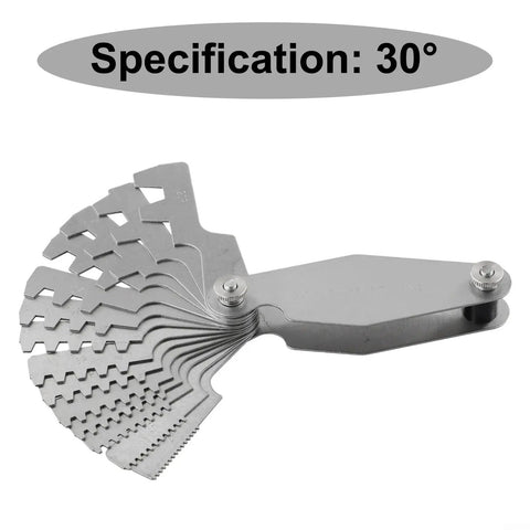Pro Grade Stainless Steel Thread Pitch Gauge Set With 30 Degree TR30 T Thread Gauge, showing multiple laser-marked blades extended.