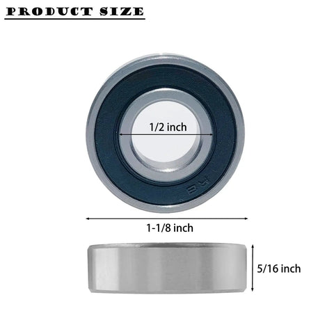 Rolls Like Butter 20 Pack R8 2RS Deep Groove Ball Bearings 1/2 Inch Bore showing size measurements and details.