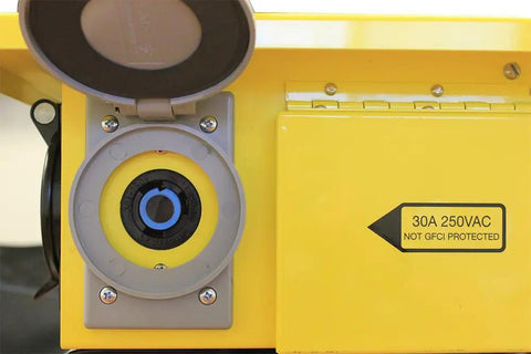 Close-up of L6-30 locking receptacle on Pro Grade Job Site Power Distribution Workhorse with durable exterior.