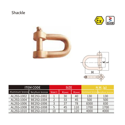 Non Sparking Shackle With Beryllium Copper For Spark Free Safety Lifting Gear Meets DIN Standard BAM And FM Certificate 10 By 60 By 120 mm Non Magnetic 30 To 40 HRC Hardness shown with measurements and specifications.