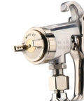 Pro Tier Heavy Duty Industrial Spray Gun With Precision One Point Three Millimeter Tip close-up of nozzle and pressure feed.