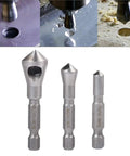 Heavy Duty 3 Piece Countersink Chamfer Drill Bit Set With One Quarter Inch Hex Shank High Speed Steel Knockout Deburring Tool for precision drilling.