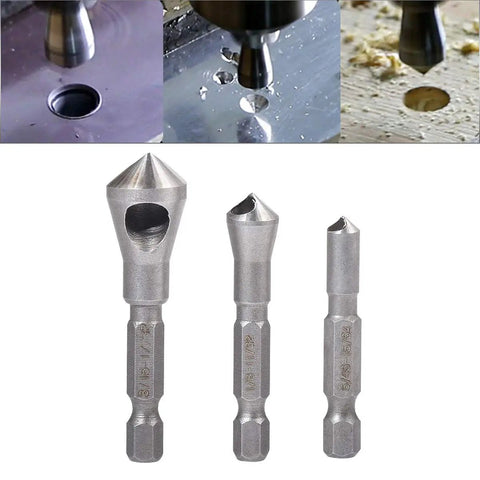 Heavy Duty 3 Piece Countersink Chamfer Drill Bit Set With One Quarter Inch Hex Shank High Speed Steel Knockout Deburring Tool for precision drilling.