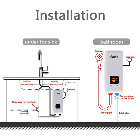 Installation diagram for 240V 5.5KW 4.5KW 3.5KW On-Demand Tankless Electric Water Heater under sink and in bathroom
