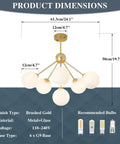 Dimensions and design details of Six Light Frosted White Glass Globe Sputnik Chandelier in Modern Gold Finish ceiling light