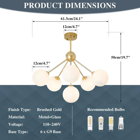 Dimensions and design details of Six Light Frosted White Glass Globe Sputnik Chandelier in Modern Gold Finish ceiling light