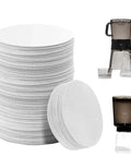 Round Cold Brew Coffee Paper Filters 500 Count Fine Disposable Rounds for 32 Oz Brewers with brewing equipment in image.