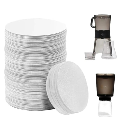 Round Cold Brew Coffee Paper Filters 500 Count Fine Disposable Rounds for 32 Oz Brewers with brewing equipment in image.