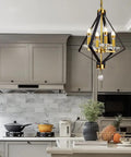 4 Light Lantern Chandelier In Black And Gold With A Dope Mid Century Geometric Square Cage Pendant Light For Kitchen Island