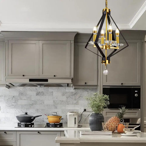 4 Light Lantern Chandelier In Black And Gold With A Dope Mid Century Geometric Square Cage Pendant Light For Kitchen Island