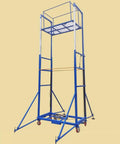 Built Like A Tank Electric Mobile Scaffold Lift With Smooth Remote Controls For Hassle Free Indoor Outdoor Access And Heavy Equipment Hauling On Daily Job Sites Today, blue steel frame, four-meter height.