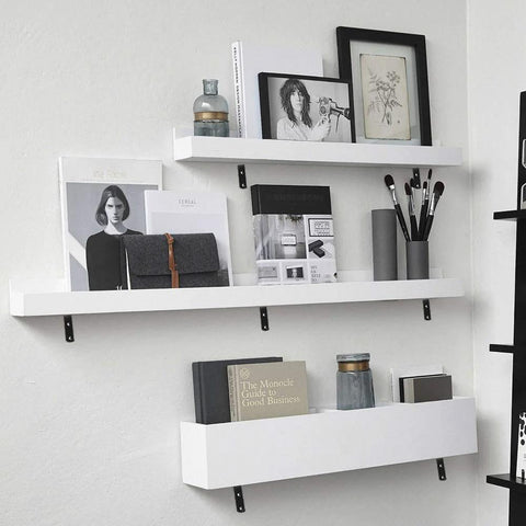 White wall shelves supported by Heavy Duty Black Steel L Shelf Brackets Set 8 Pieces 5x3 Inch Decorative Angle Braces.